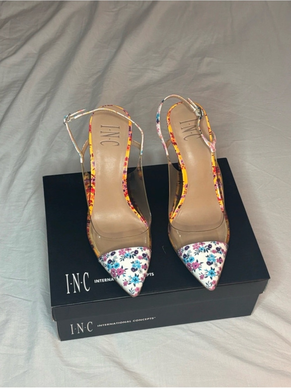 INC International Concepts Floral Pointed-Toe Slingback Heels - White/Multicolor